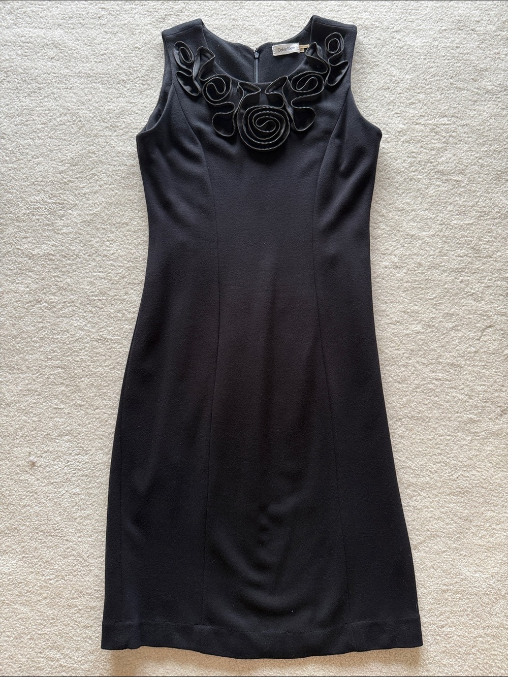 Calvin Klein Black Sleeveless Knit Sheath Dress with Rosette Trim - Size 4